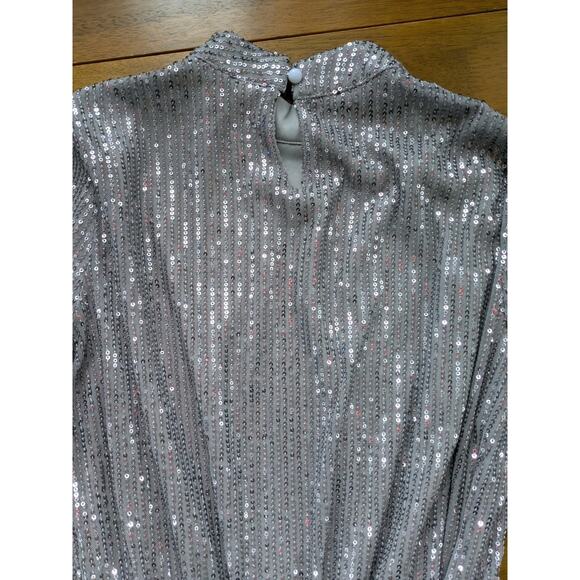 Miss Ord Silver Sequin Mini Dress M Mock Neck Belted NYE 70s 80s Glam - Picture 10 of 12